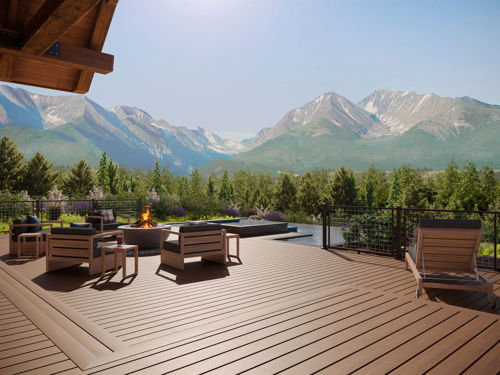 Composite deck overlooking a scenic mountain range.