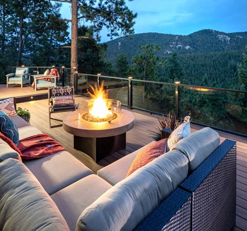 Outdoor Deck With Mountain View And Fireplace