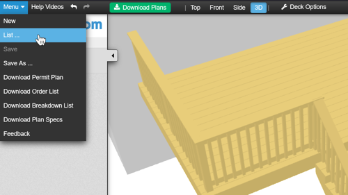 Image showing how to get to previously saved results on the deck designer.